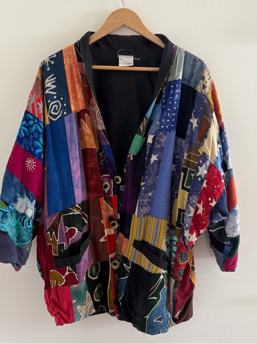 Kosi Bali Batik Patchwork Quilt Jacket Shawl Collar Brass Buttons  4/4 Sleeve